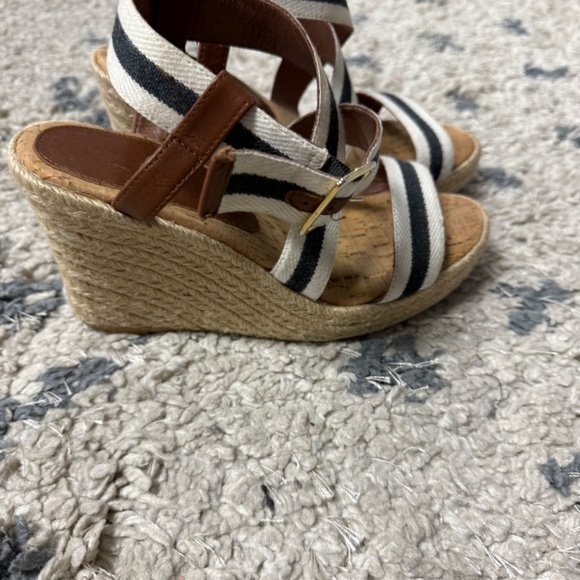 Weekend MaxMara Striped Black White Canvas Leather Espadrille Wedge Sandals 37 - Picture 2 of 8